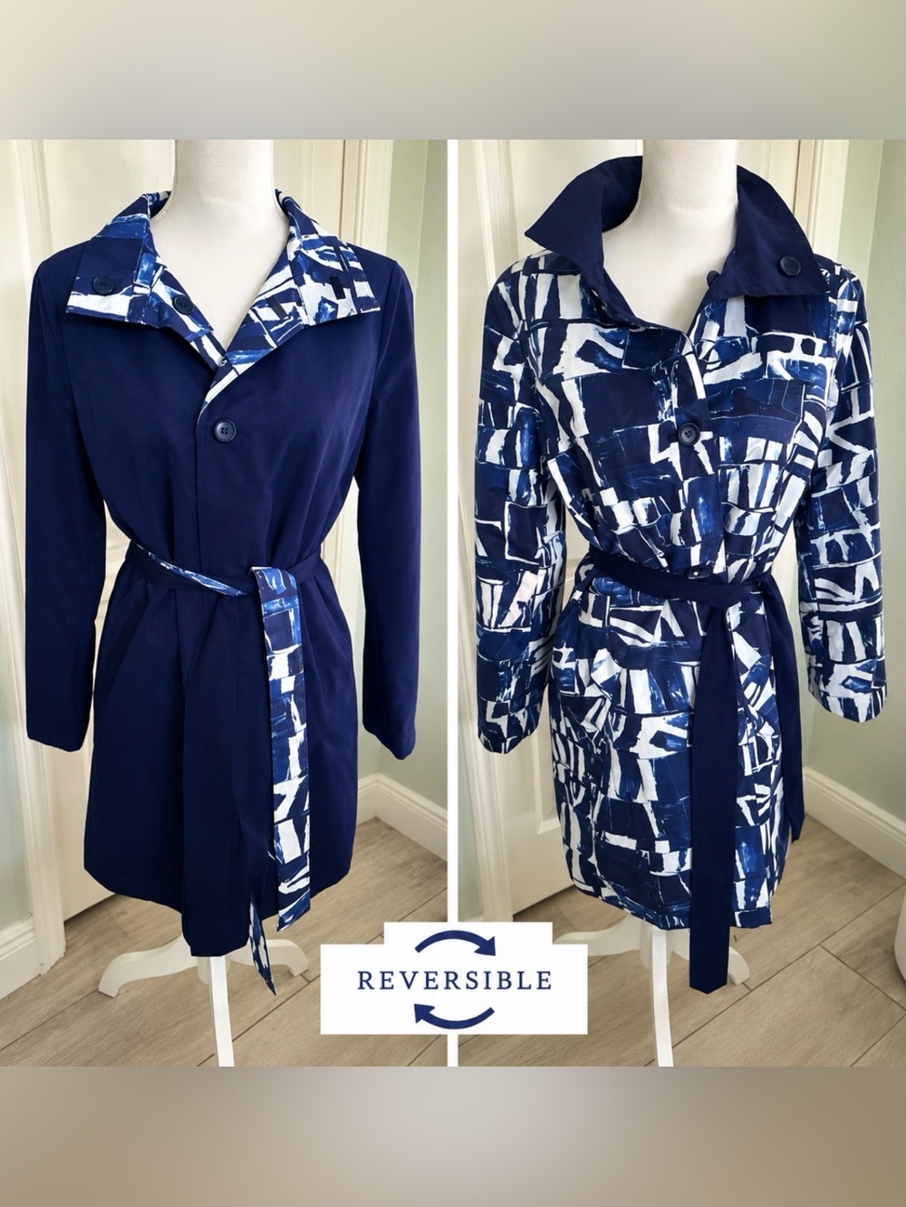 Carlisle Bainbridge Reversible Raincoat Belted Blue White Size 6